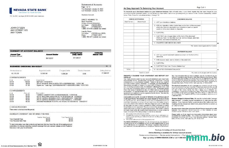 USA Nevada State Bank w dowolnym momencie sprawdza 4 strony